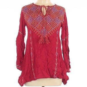 Red Boho Embroidered Long Sleeve Top